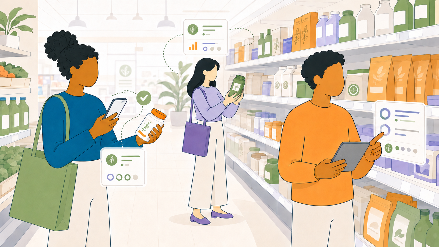 Illustration of shoppers using Adipity for product clarity in a grocery aisle.