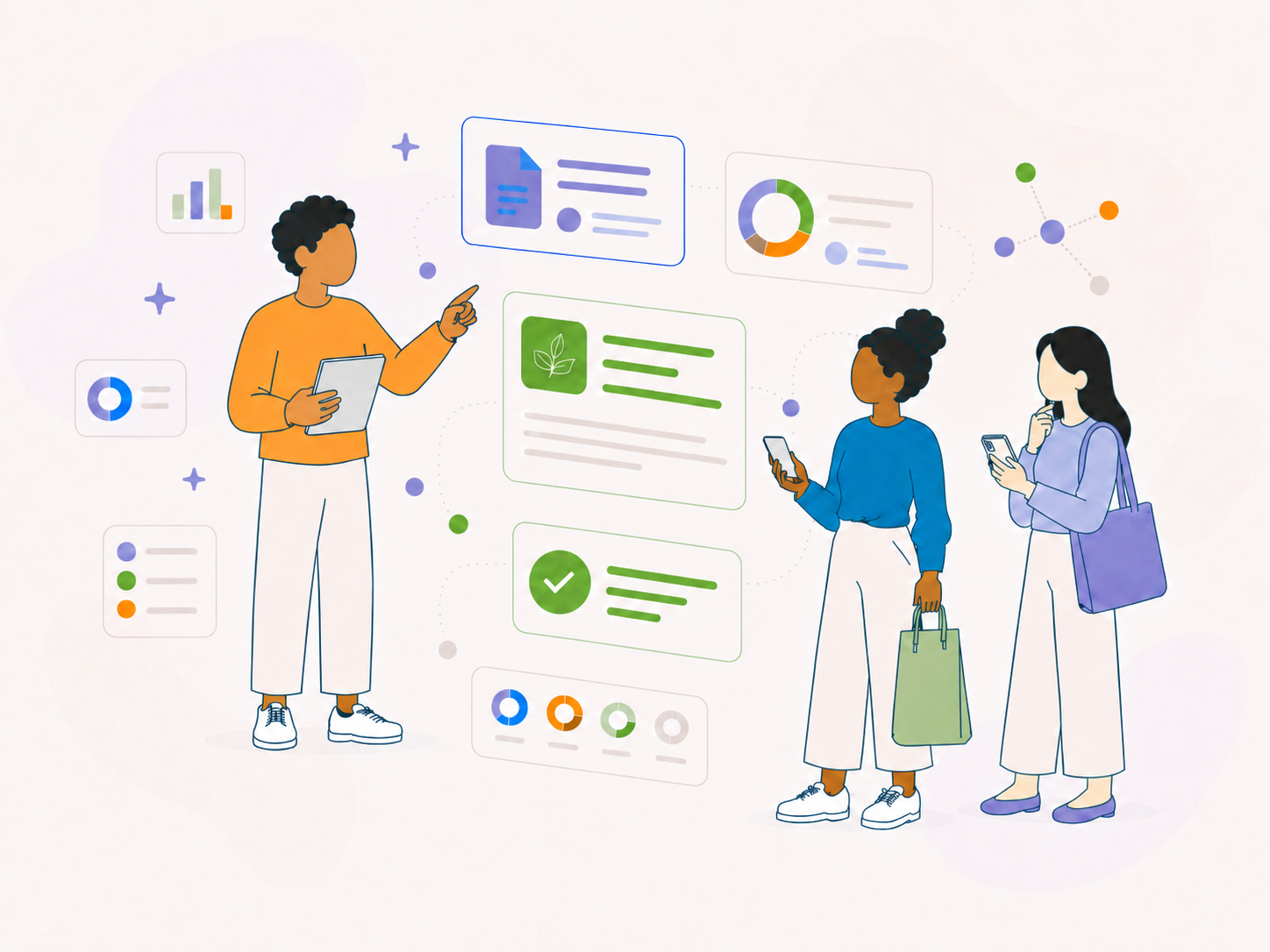 Illustration of shoppers reviewing source-backed product confidence cards.