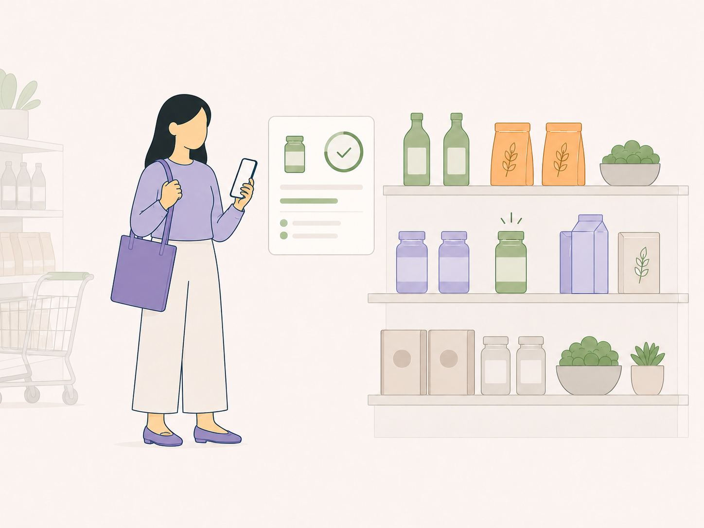 Illustration of a thoughtful shopper using Adipity in a grocery aisle.
