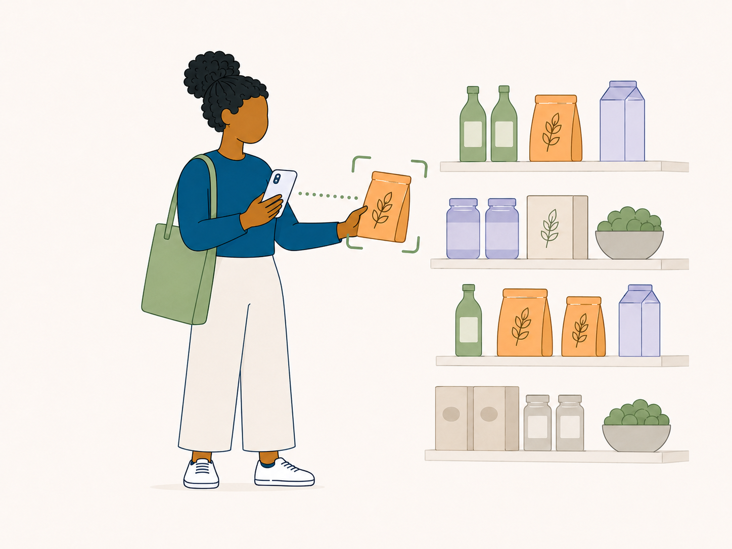Illustration of a shopper scanning a grocery product on a shelf.