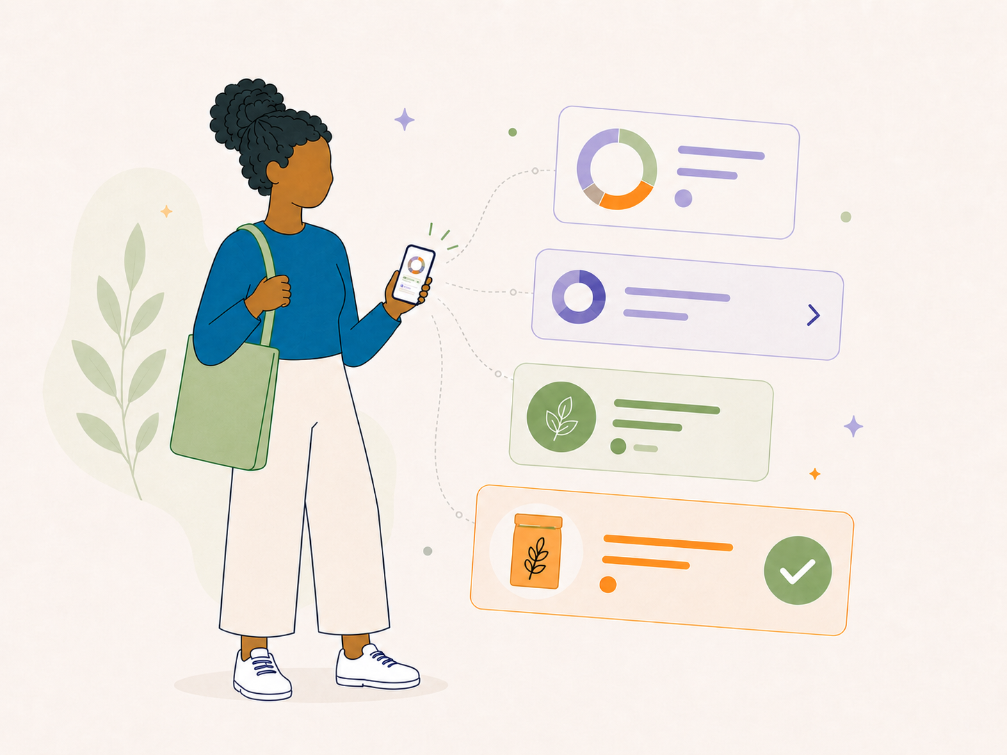 Illustration of a shopper reviewing product result cards on a phone.