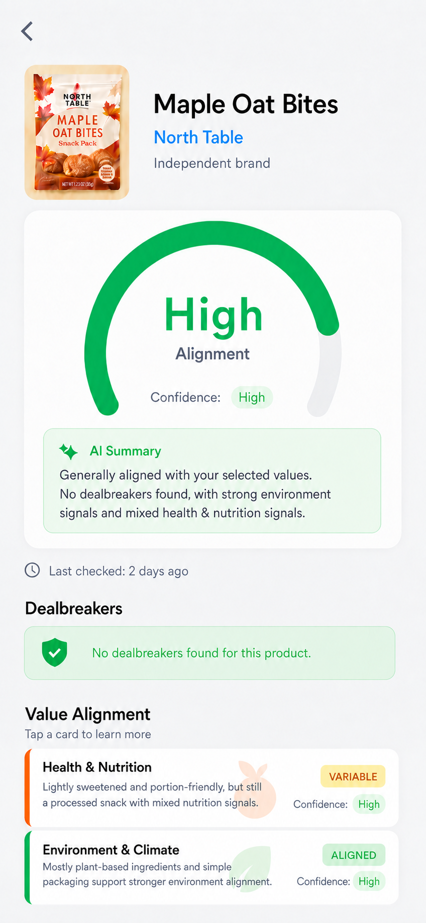 Adipity product result screen showing alignment, confidence, dealbreakers, and value alignment.